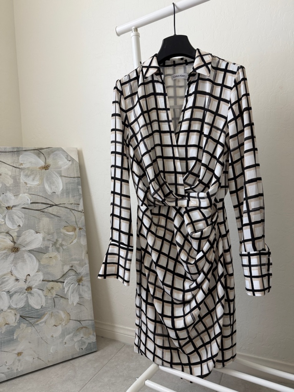 Calvin Klein Black and White Grid Draped Wrap Dress